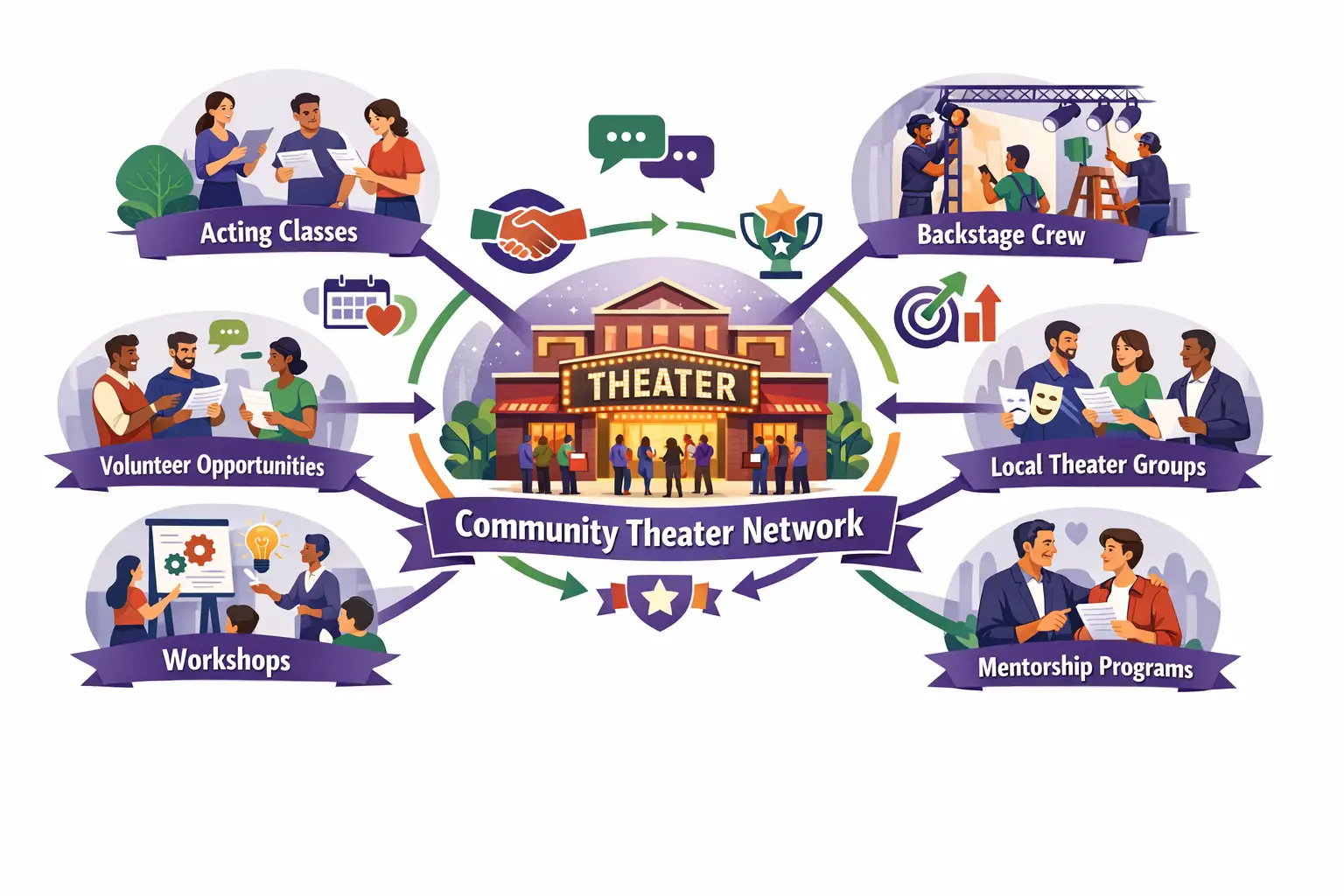 Landscape format (1536x1024) comprehensive infographic showing community theater ecosystem and networking opportunities. Central hub design