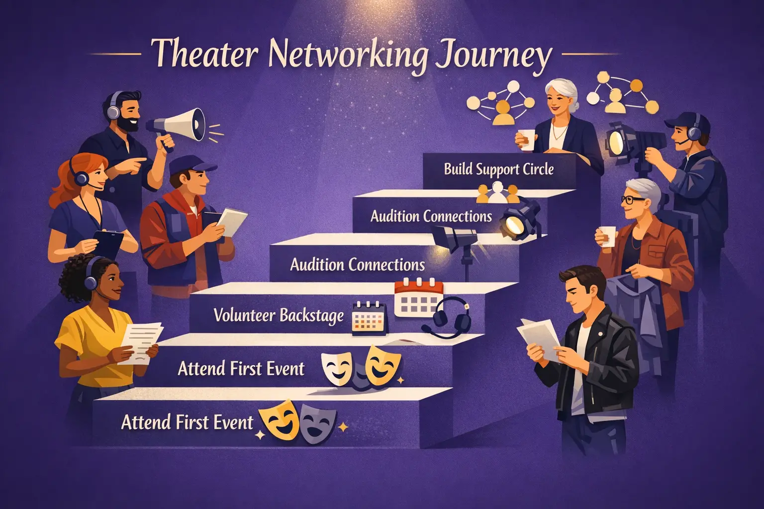 Landscape format (1536x1024) infographic-style illustration showing theater networking journey from beginner to established professional. Ce