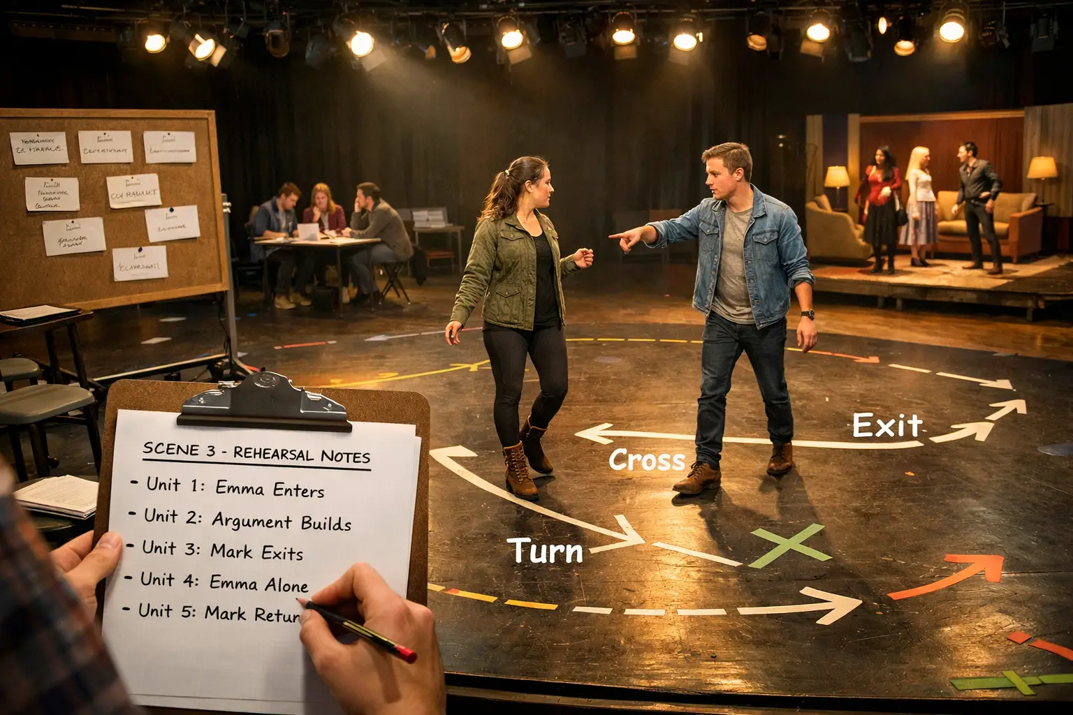 Landscape format (1536x1024) advanced scene work and integration techniques showing theatrical rehearsal in progress: center stage features