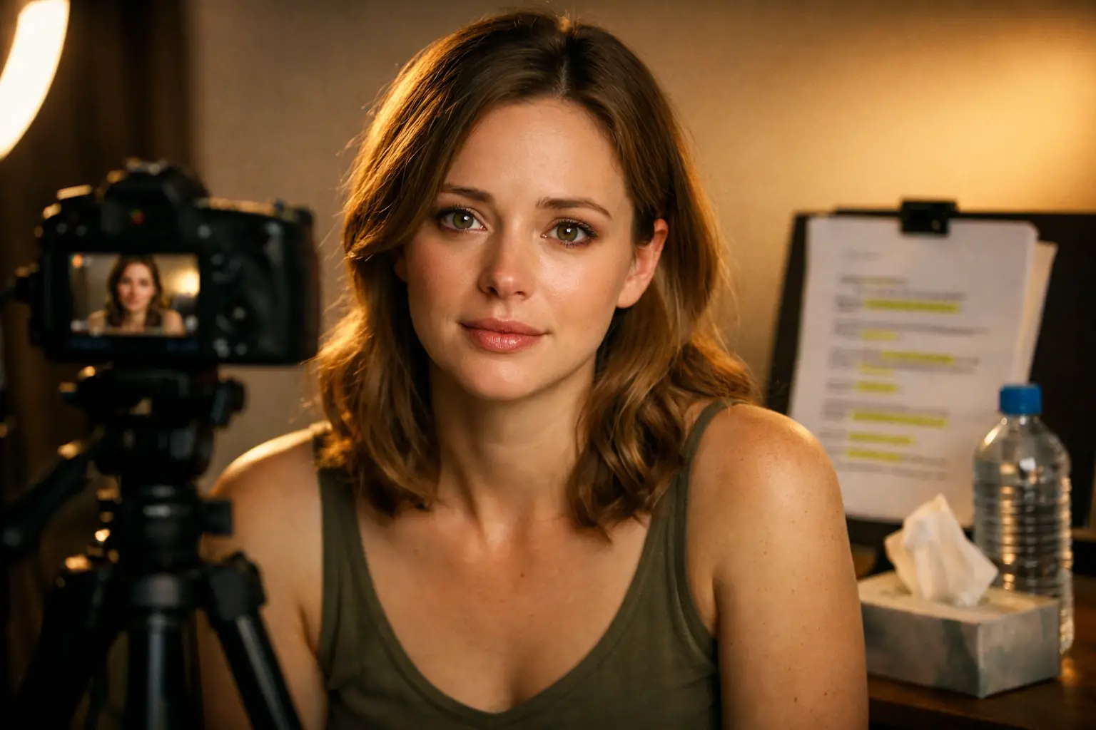 Landscape format (1536x1024) cinematic image showing actor practicing intimate screen performance techniques in self-tape environment. Mediu
