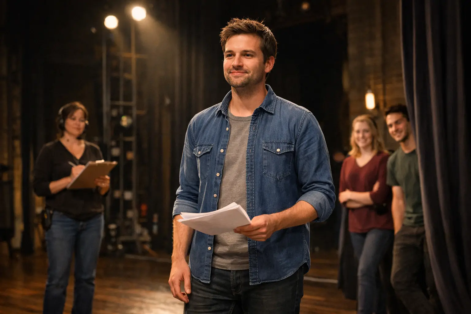 Landscape format (1536x1024) image of beginner actor on stage performing with confident natural presence, relaxed posture demonstrating Alex