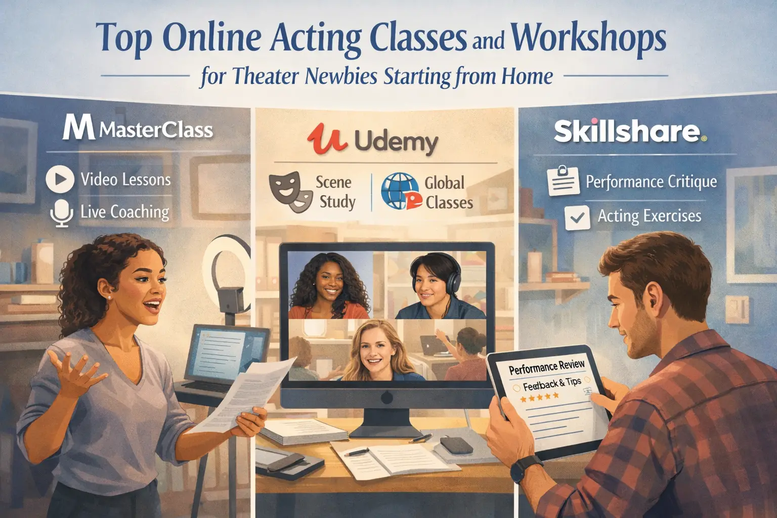 Comprehensive visual guide illustrating top online acting class platforms in a clean, modern editorial layout. Split-screen design showing d