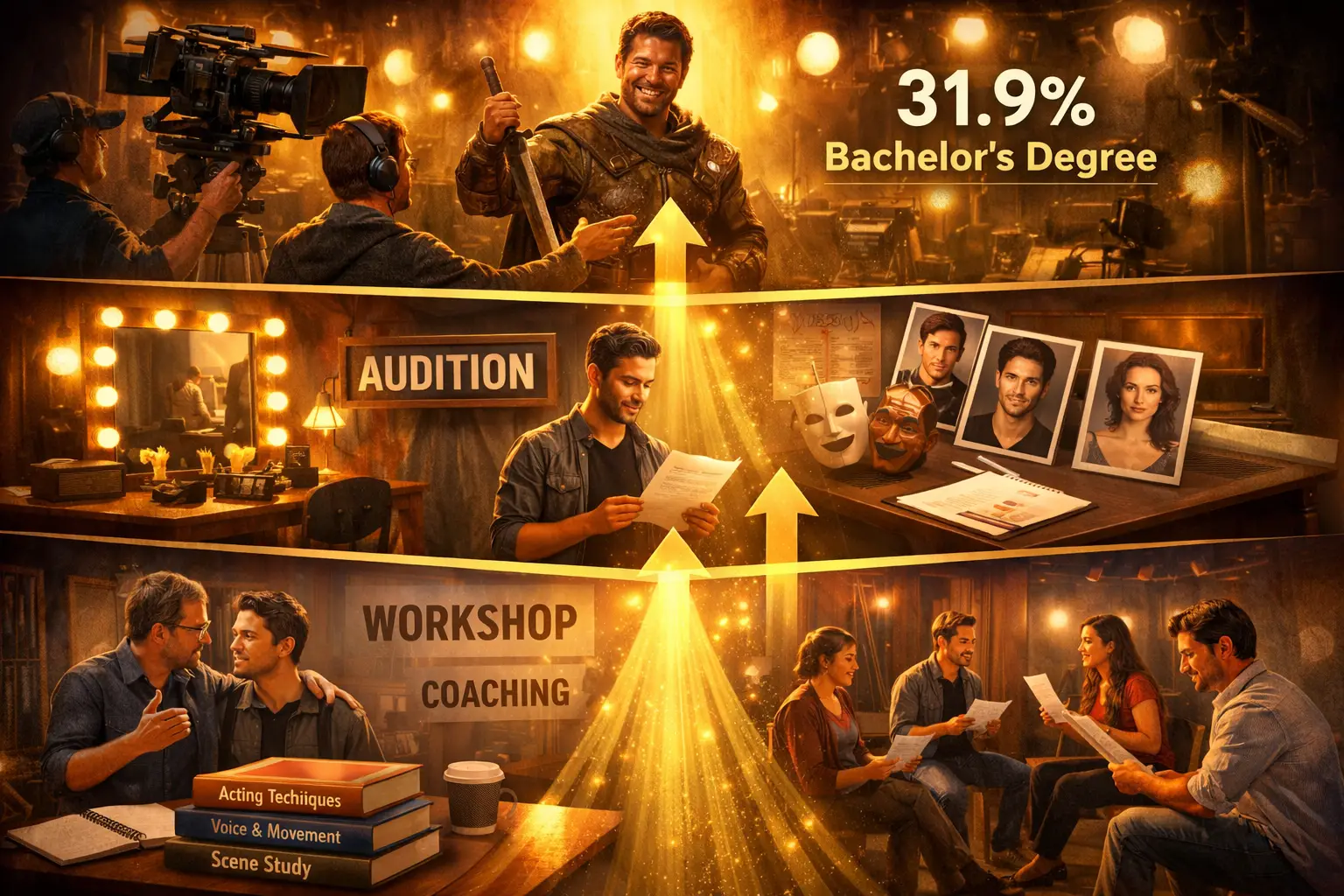 Landscape format (1536x1024) conceptual split-screen image showing actor transformation journey: bottom foundation layer displays classroom