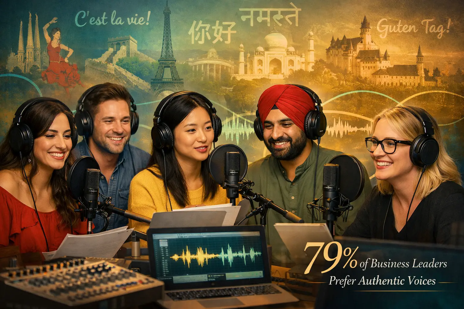 Landscape format (1536x1024) authentic cultural representation image featuring diverse native-speaker voice actors from different regions co