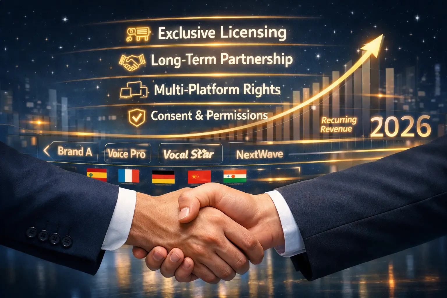 Landscape format (1536x1024) business contract and partnership visualization: professional handshake in foreground with holographic contract