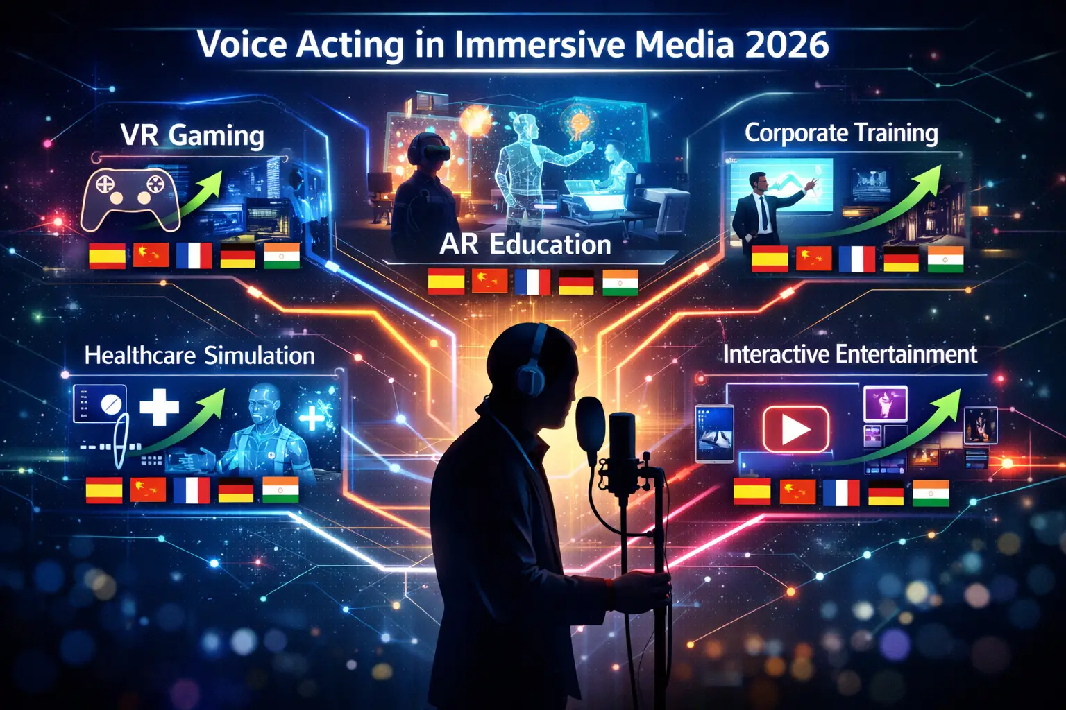 Landscape format (1536x1024) futuristic career opportunities visualization for voice actors in immersive media 2026. Central figure: silhoue