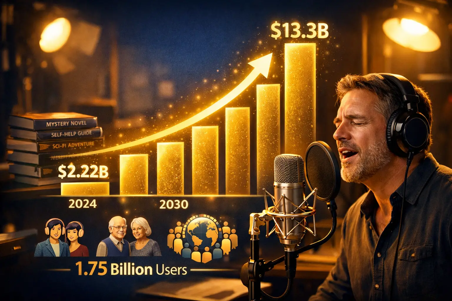 Landscape format (1536x1024) conceptual image showing audiobook market growth trajectory with upward trending graph overlaying professional