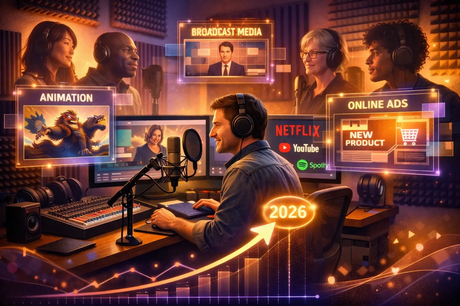 Landscape format (1536x1024) conceptual image showing future of voice acting with human-AI coexistence theme. Center features professional v