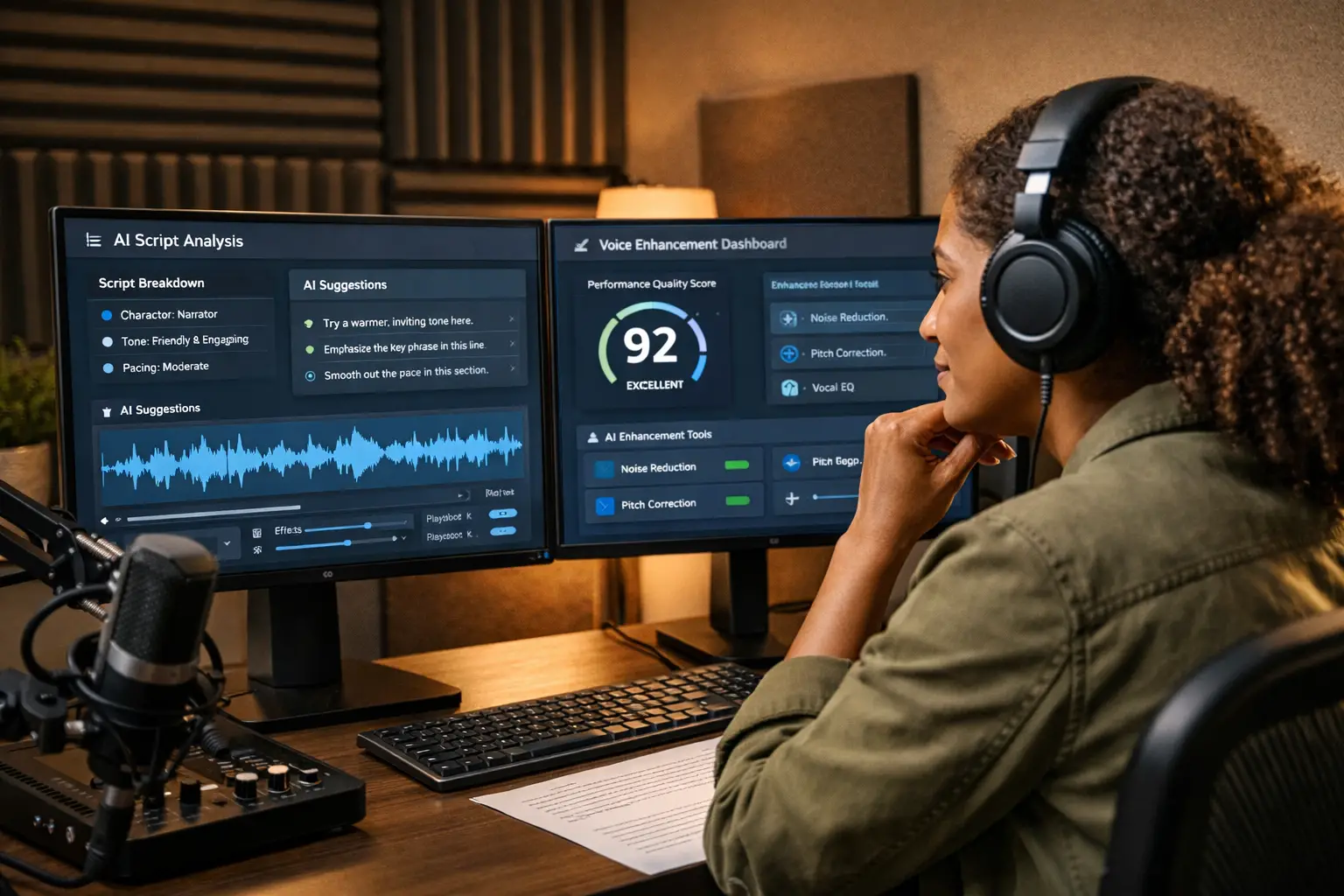 Landscape format (1536x1024) modern workspace scene showing voice actor leveraging AI collaboration tools, featuring professional recording