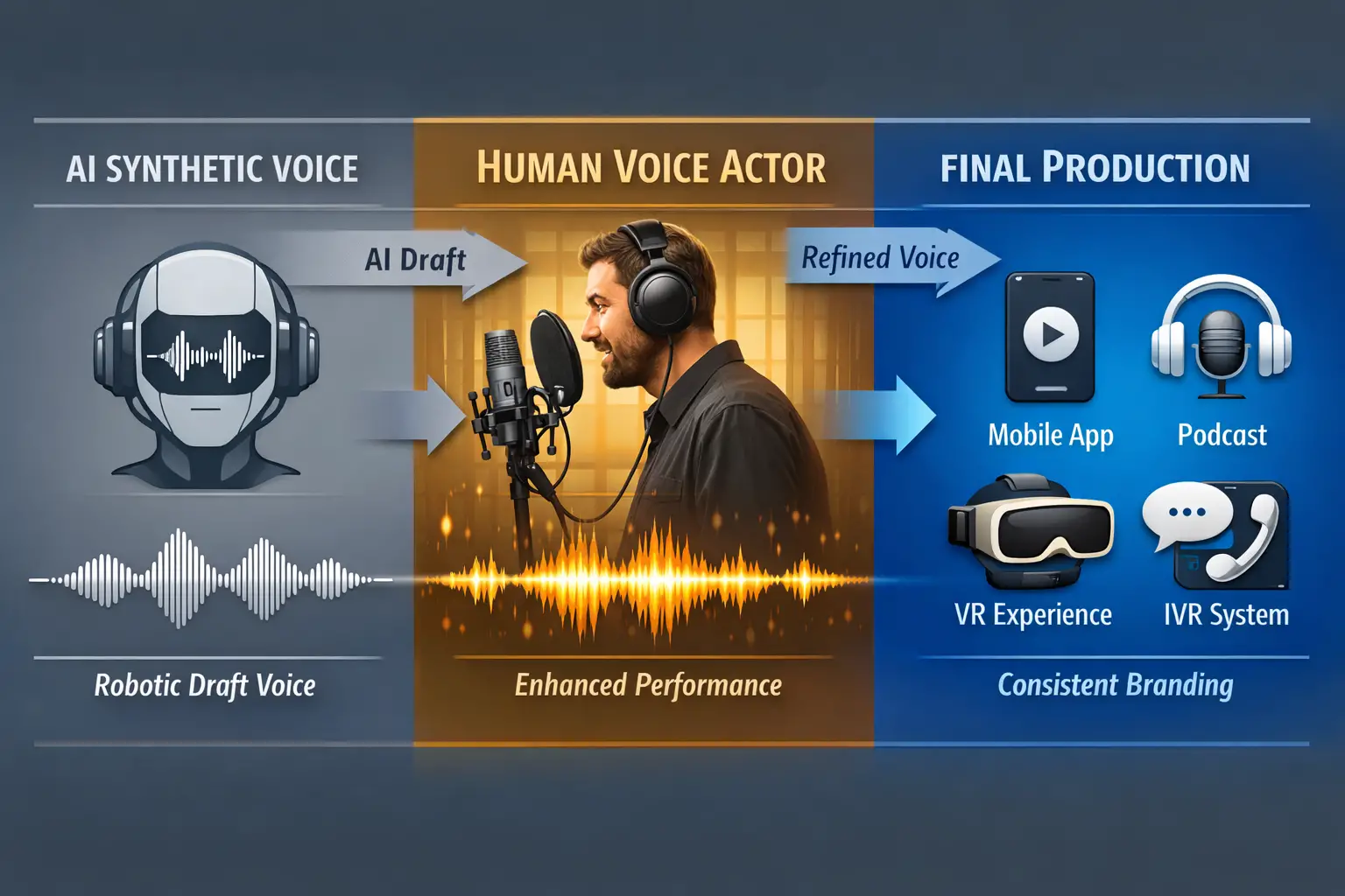 Landscape format (1536x1024) conceptual illustration showing the AI-human collaboration workflow in voice production. Left third: AI synthet