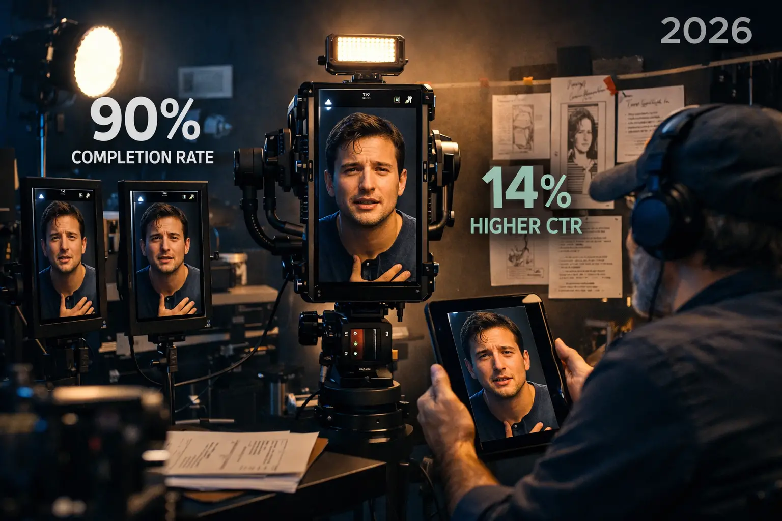 Landscape format (1536x1024) professional production scene showing soap-opera-style vertical drama filming in 2026. Modern studio setup with