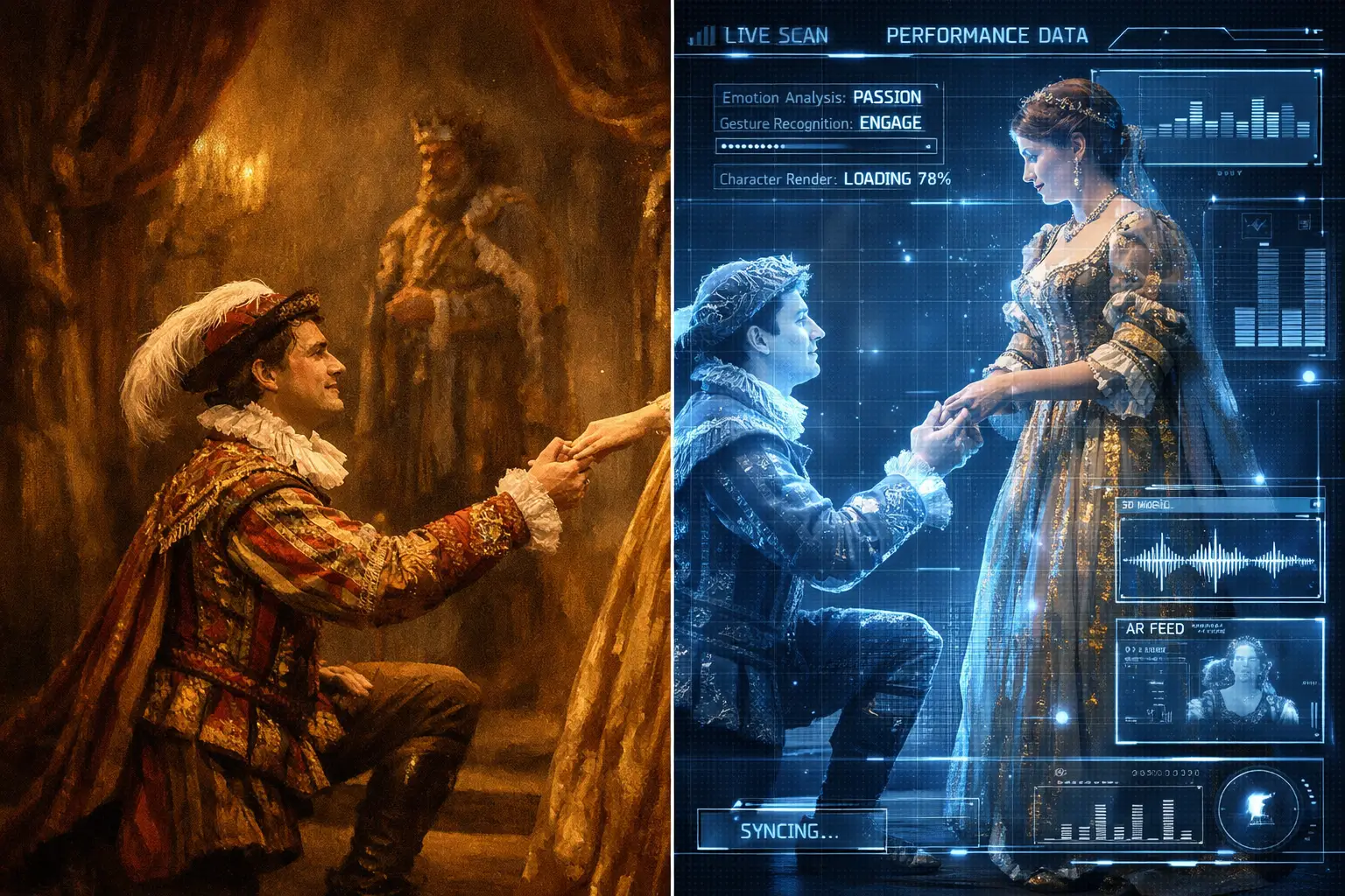 Period drama aesthetic reimagining with split-screen composition showcasing classical theatrical performance juxtaposed with hyper-modern di