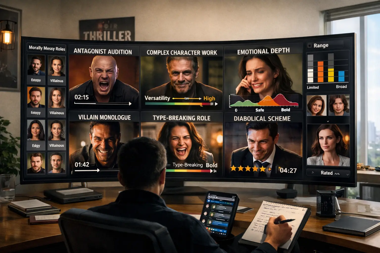 Detailed landscape format (1536x1024) image depicting modern casting director's perspective viewing showreels in 2026. Shows professional ca