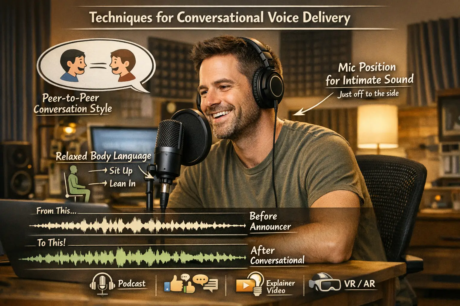 Detailed landscape format (1536x1024) visual guide showing practical techniques for conversational voice delivery, featuring professional vo