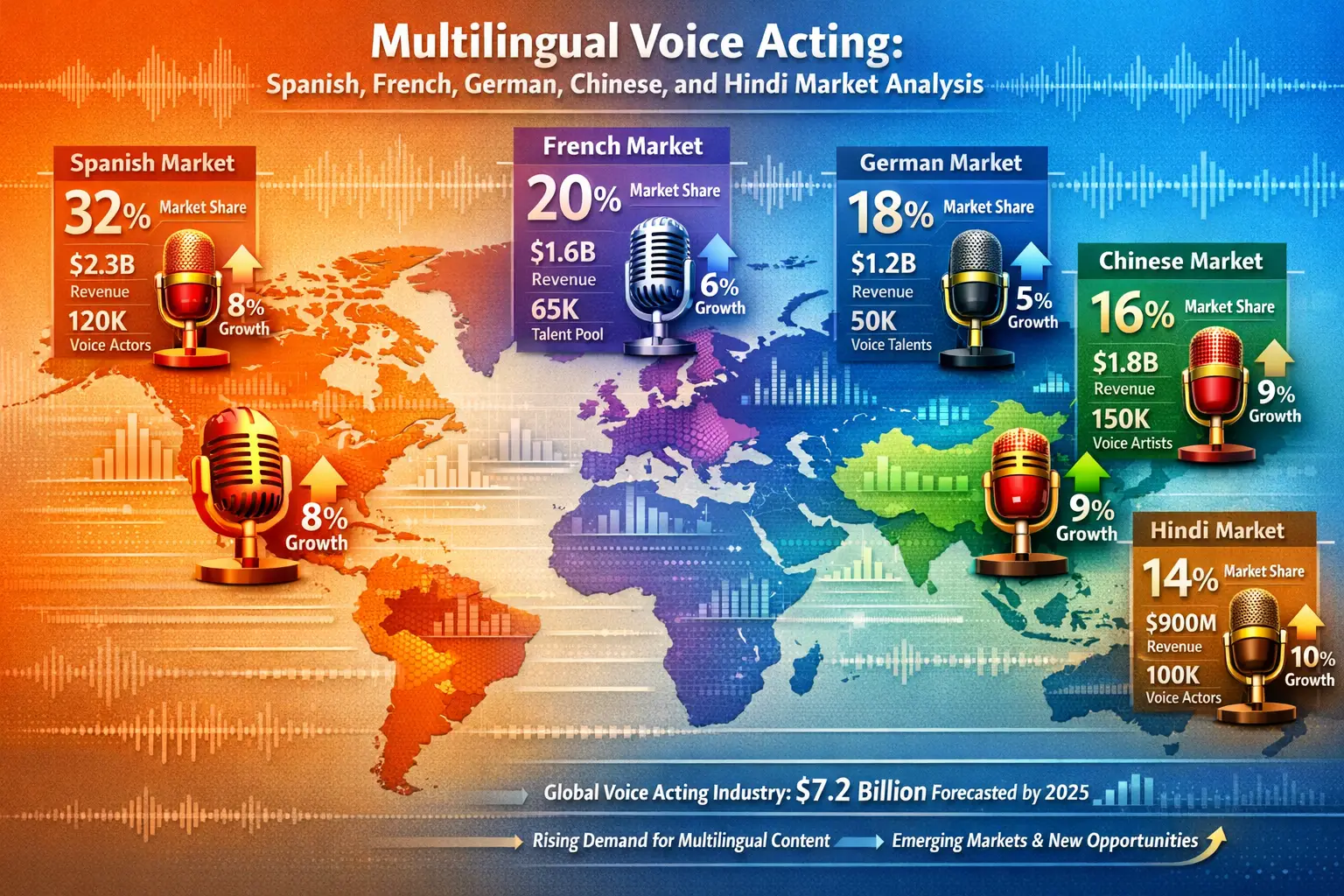 A dynamic editorial-style infographic visualizing the 'Multilingual Voice Acting: Spanish, French, German, Chinese, and Hindi Market Analysi