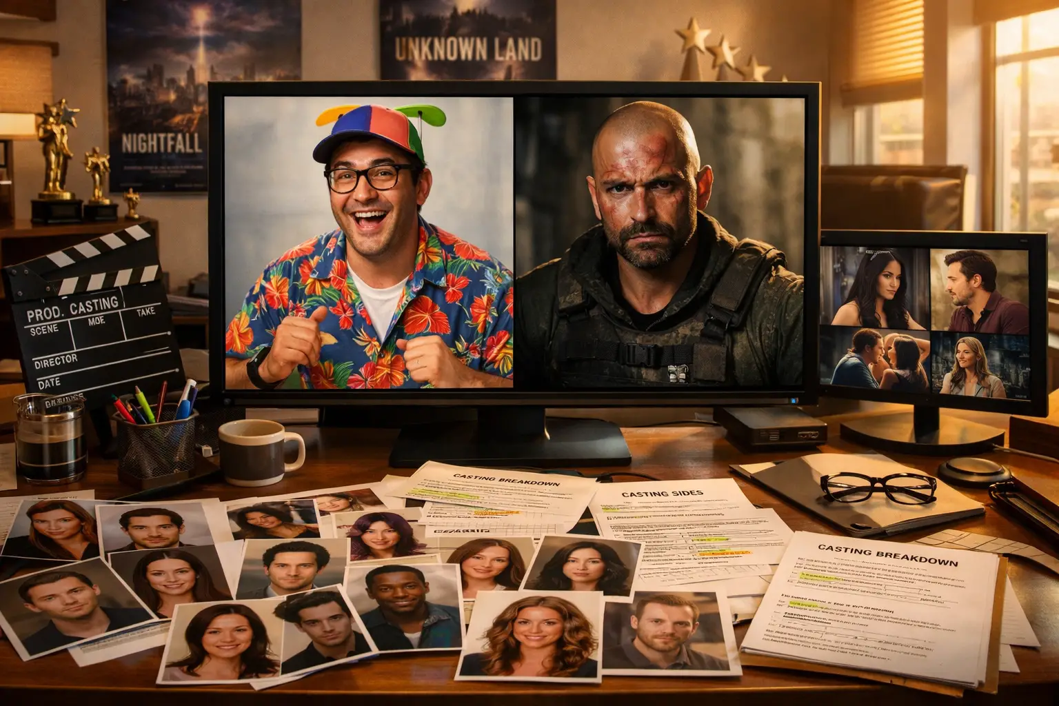 Landscape format (1536x1024) image showing modern casting director's office with digital screens displaying actor's diverse demo reel clips.