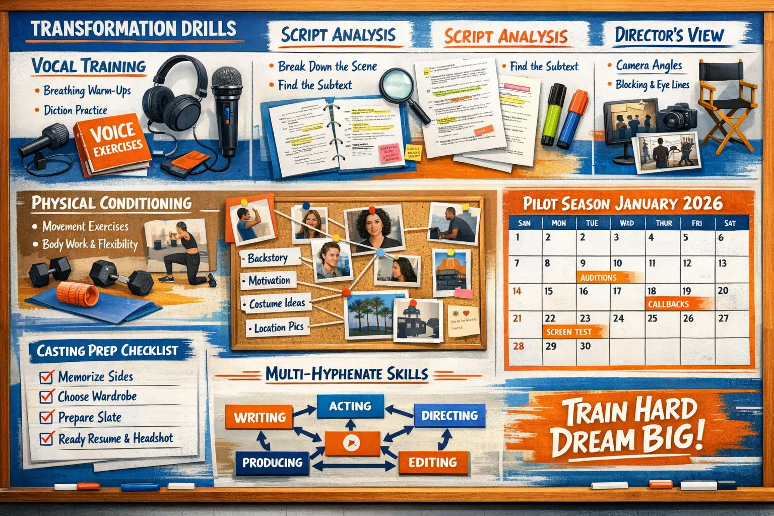 Detailed landscape format (1536x1024) training drill visualization board for aspiring actors featuring practical exercises extracted from Co