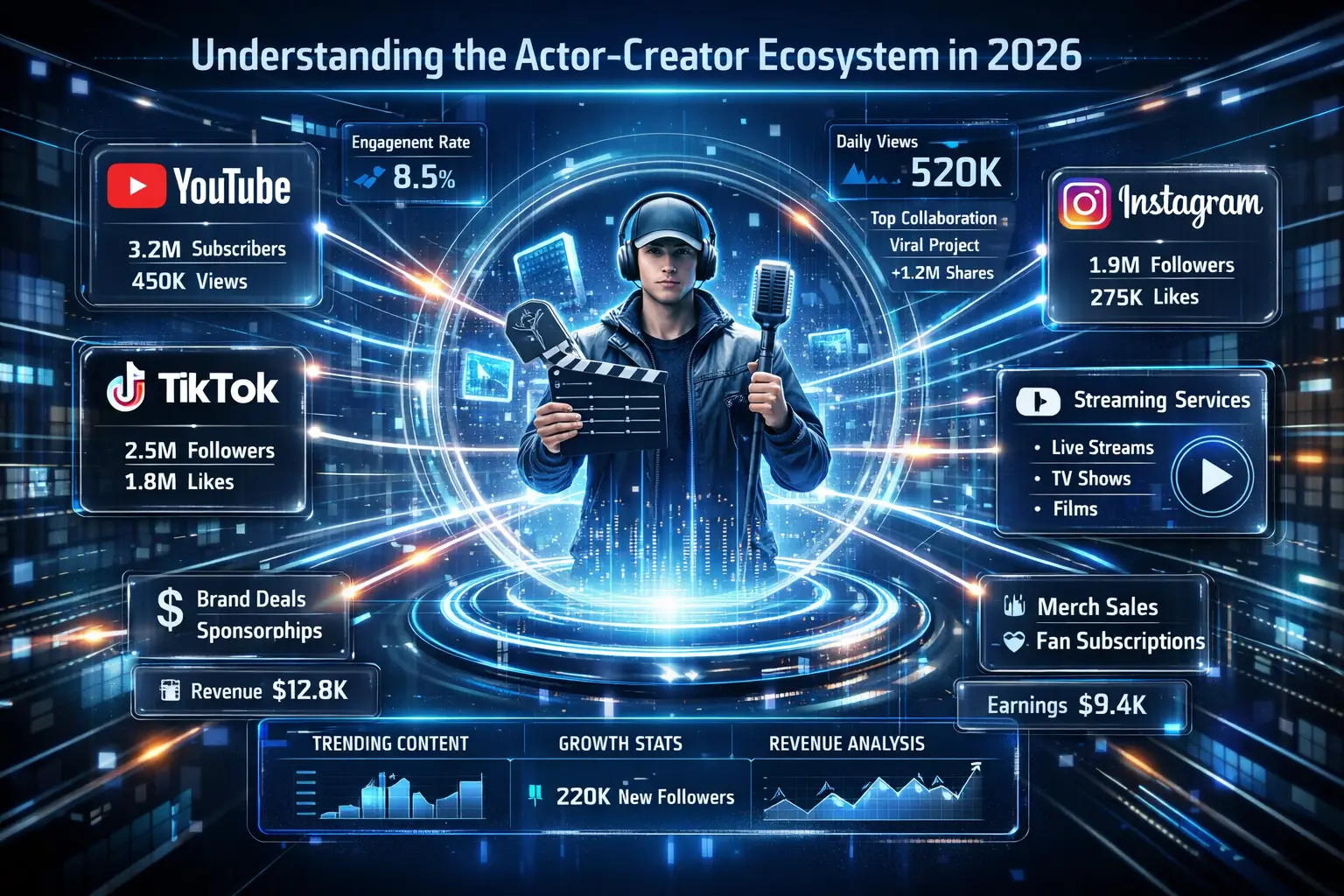 A dynamic, futuristic digital ecosystem visualization for'Understanding the Actor-Creator Ecosystem in 2026' - landscape orientation showin