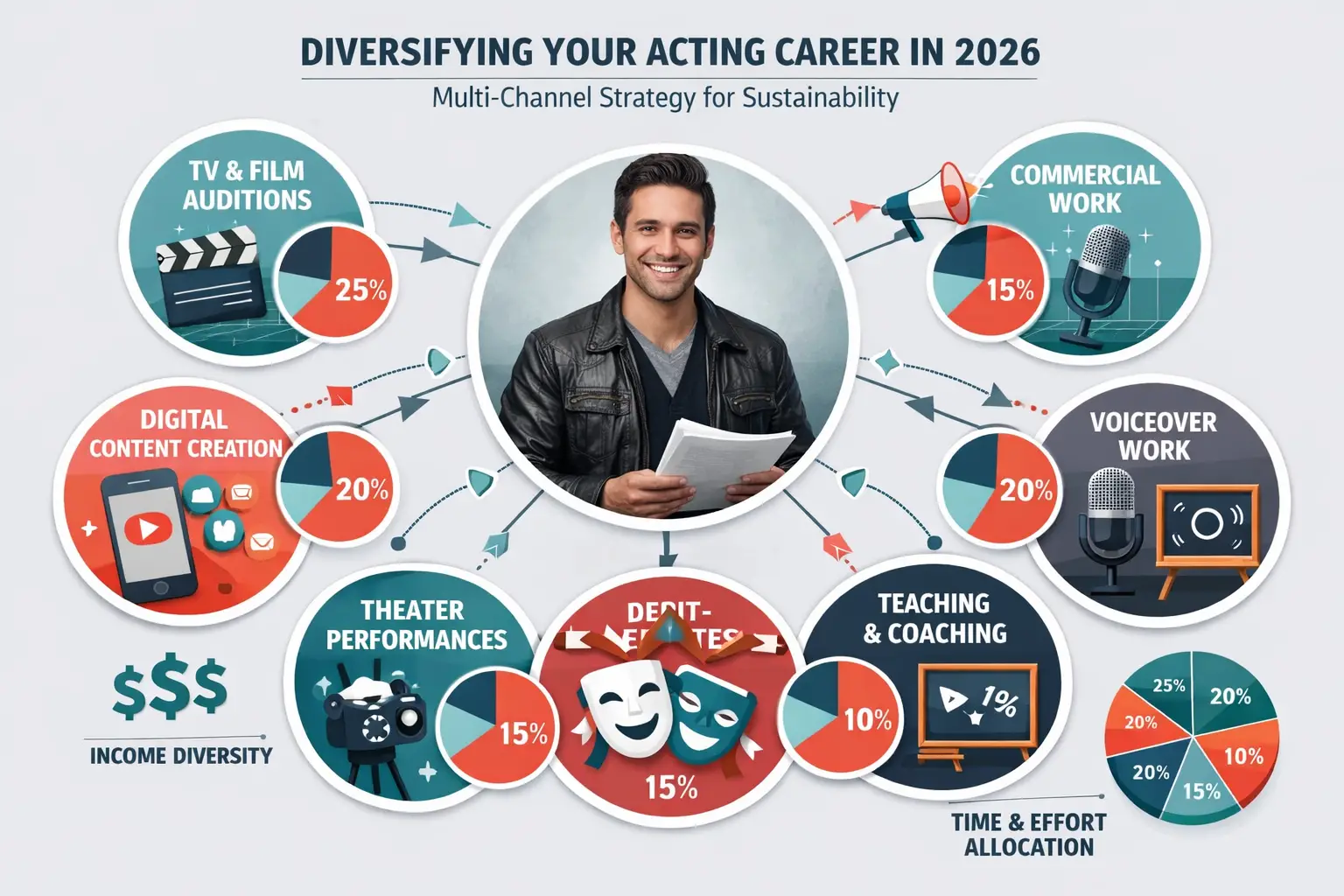 Landscape format (1536x1024) conceptual illustration showing multi-channel career diversification strategy for sustainable acting careers in