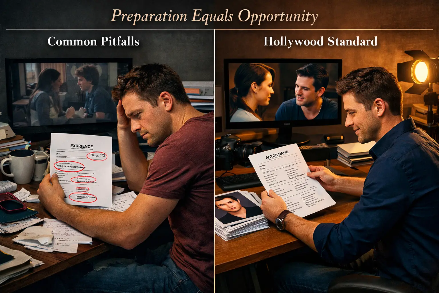 Landscape format (1536x1024) professional photograph showing actor's workspace transformation from wrong to right approach. Split-screen com