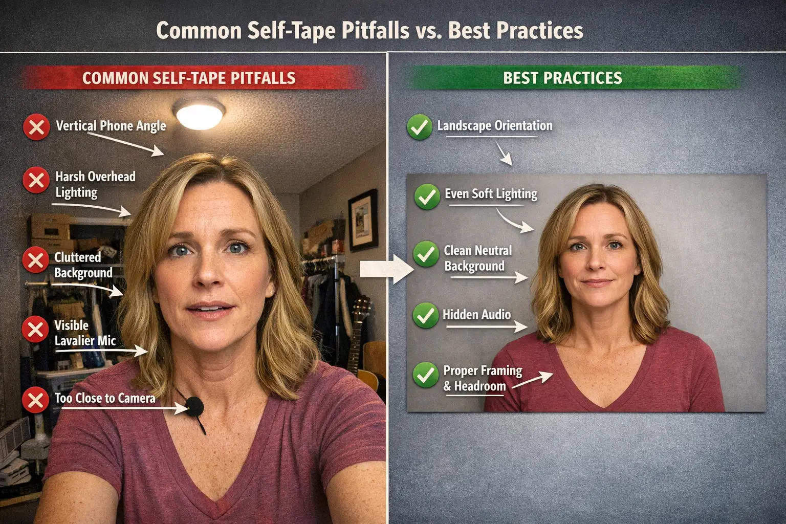 Detailed landscape format (1536x1024) comparison image showing 'Common Self-Tape Pitfalls vs. Best Practices' split-screen format. Left side