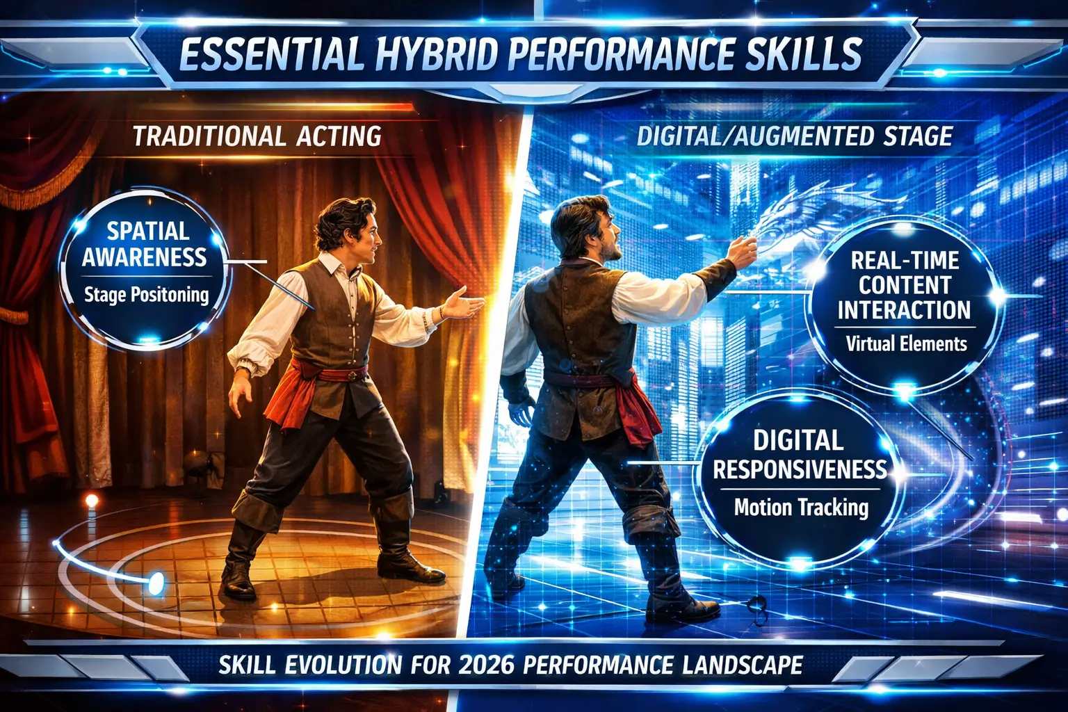 Essential Hybrid Performance Skills section graphic: Dynamic split-screen composition showing theater performer demonstrating adaptive perfo