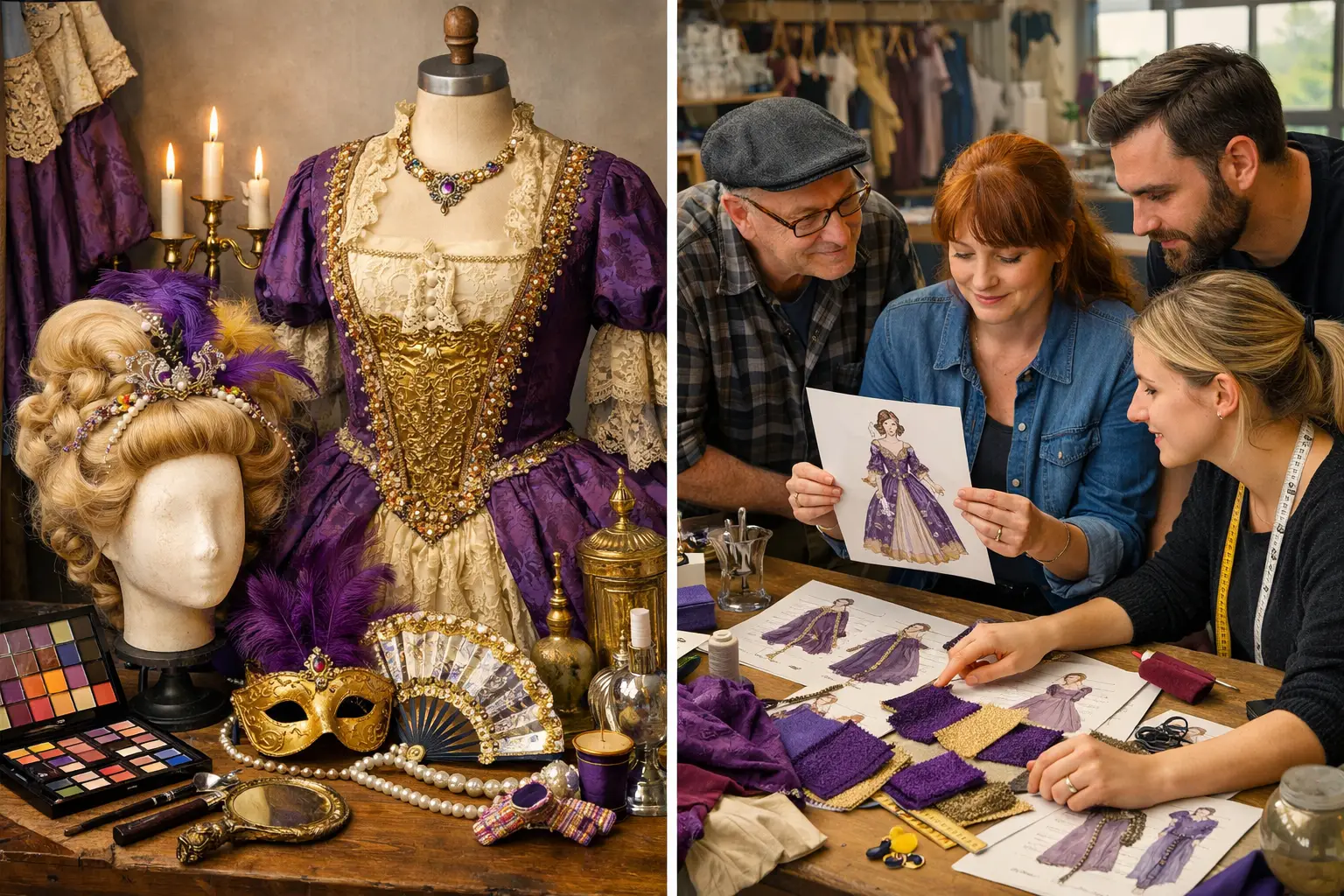 Landscape format (1536x1024) image showing collaborative theater production workspace where costume, hair, makeup and props teams work toget