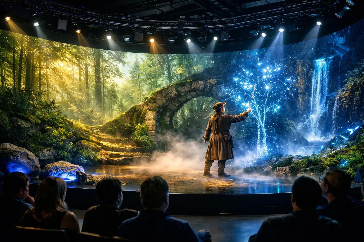 Landscape format (1536x1024) immersive theater technology showcase featuring curved modular LED wall displaying dynamic forest environment t