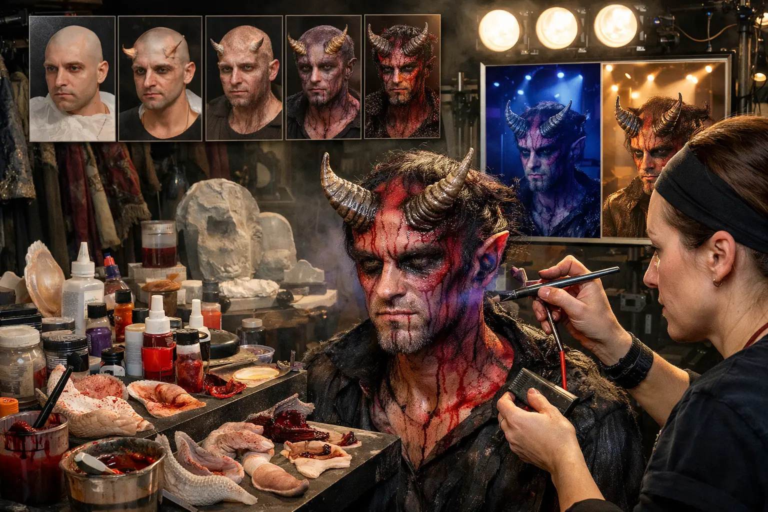 Landscape format (1536x1024) dramatic editorial image showcasing special effects makeup mastery for stage productions, featuring fantasy cha