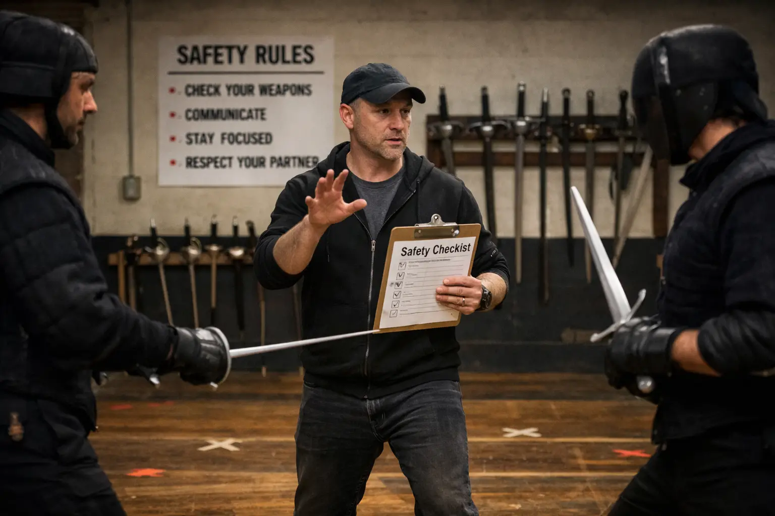 Landscape format (1536x1024) dynamic action shot of professional fight choreographer directing two actors through sword combat sequence in t