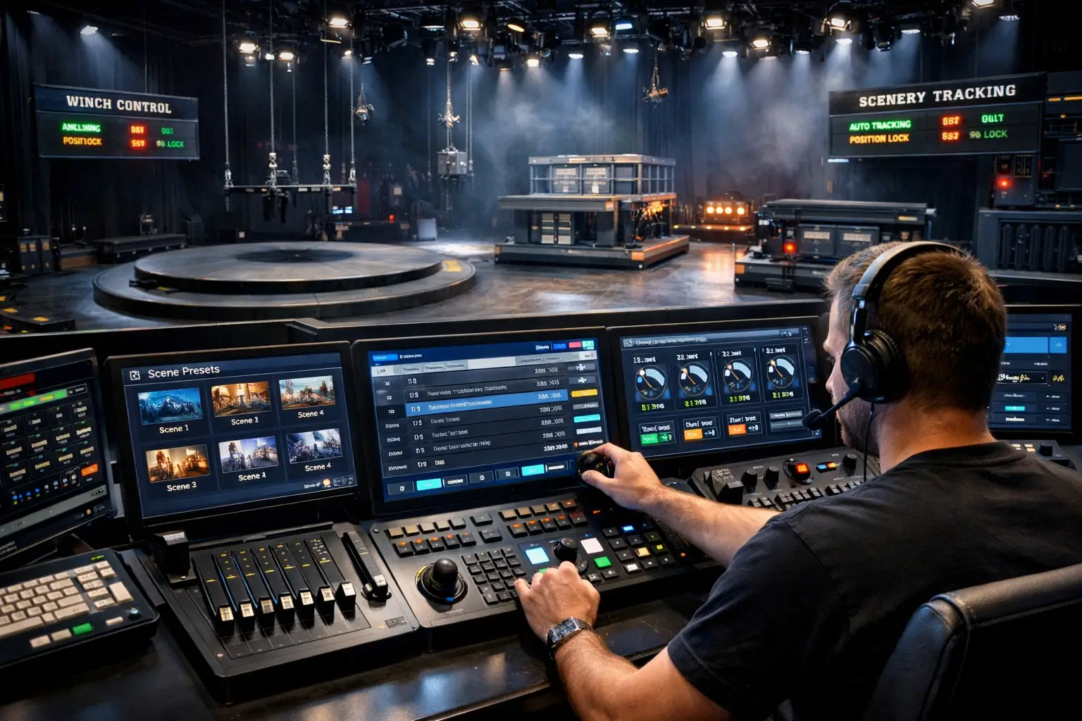 Detailed landscape format (1536x1024) image showcasing advanced stage automation control console with touchscreen interface displaying scene