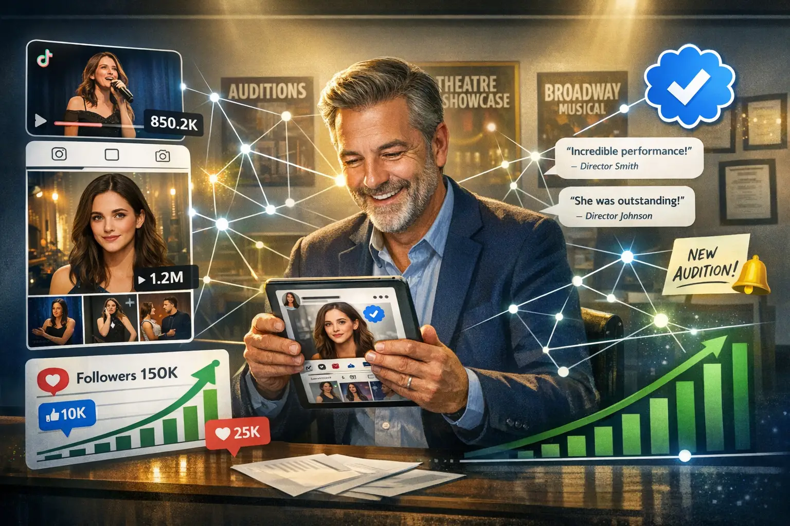Landscape format (1536x1024) dynamic composite image showing theater audition success journey through social media. Center features casting