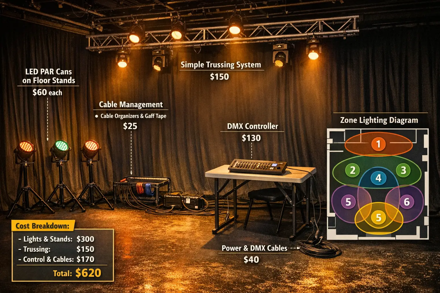 Detailed landscape format (1536x1024) image showing budget-conscious lighting equipment layout for small theater including LED PAR cans on f