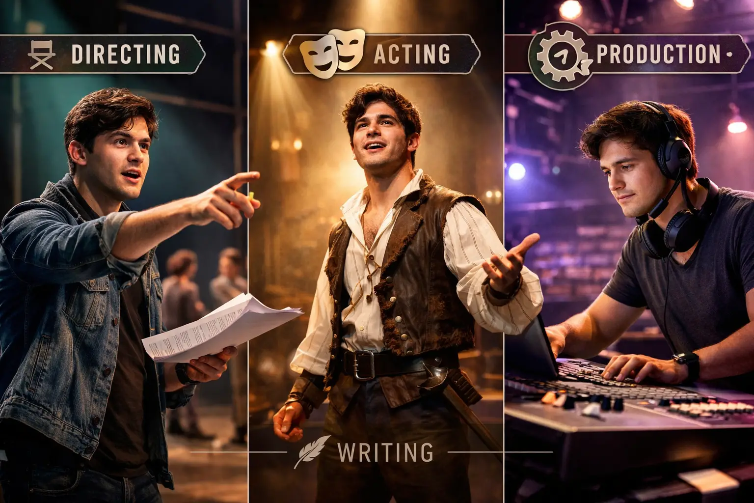 Landscape format (1536x1024) image depicting multi-hyphenate theater artist concept for 2026. Split or triptych composition showing same you
