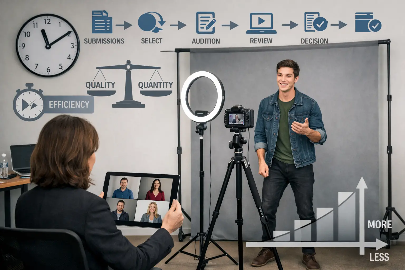 Landscape format (1536x1024) image depicting modern 2026 lean casting environment with minimalist callback room, single camera on tripod for