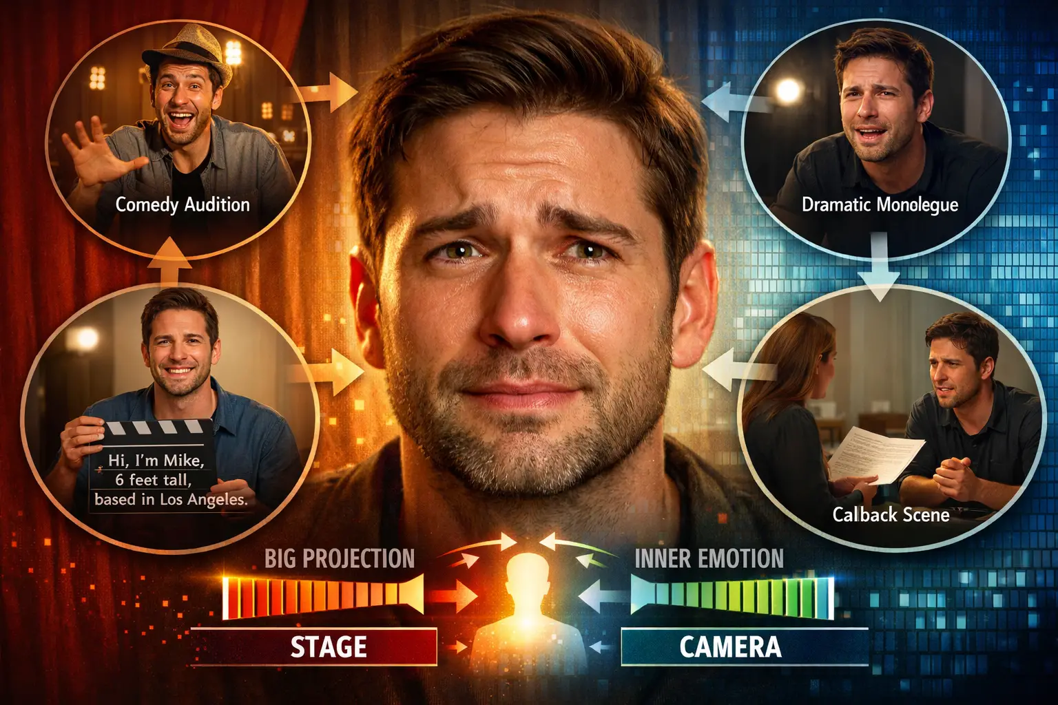 Landscape format (1536x1024) conceptual image representing emotional authenticity translation from stage to camera. Center shows actor's fac