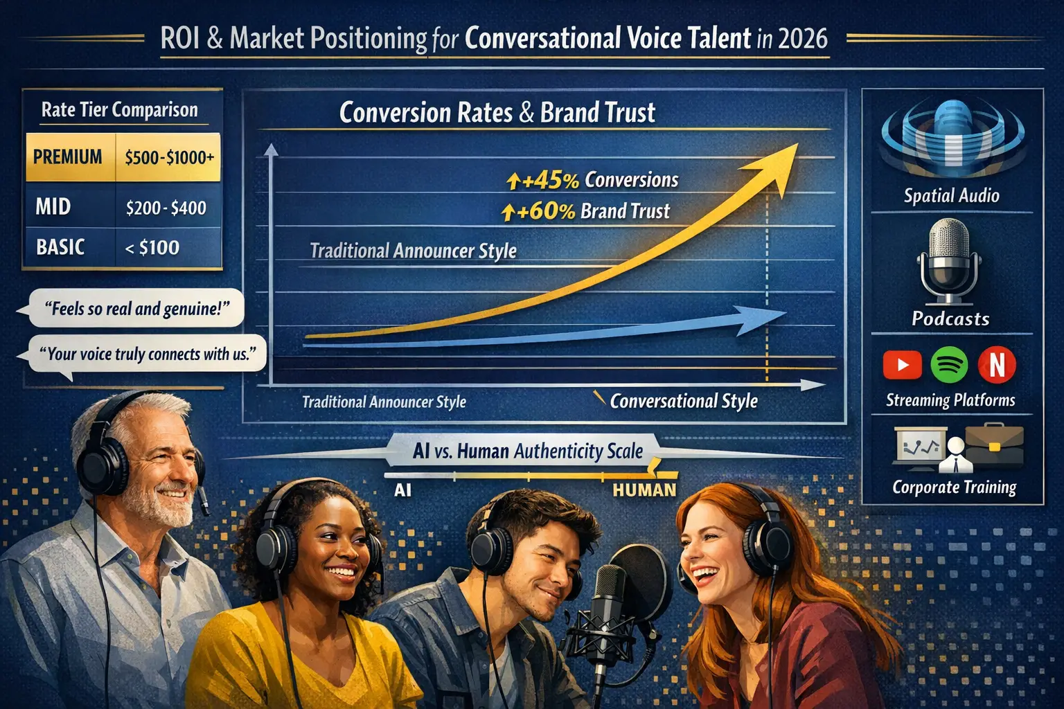 Landscape format (1536x1024) strategic business-focused illustration showing ROI and market positioning for conversational voice talent in 2