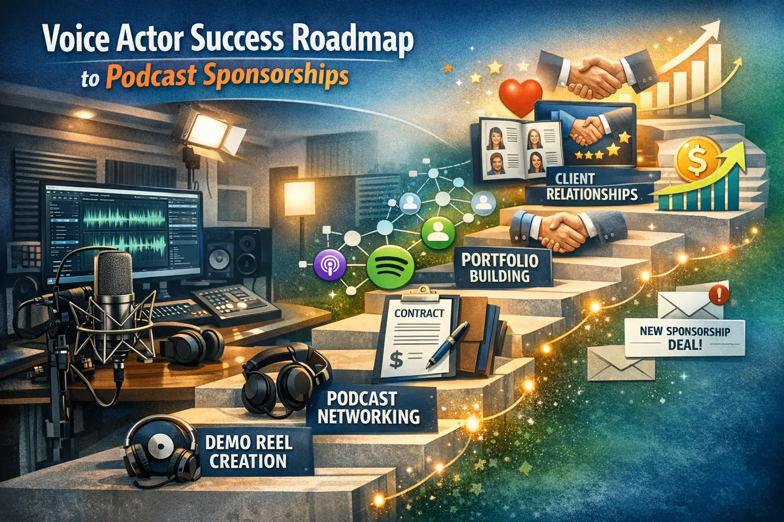 Detailed landscape format (1536x1024) image depicting professional voice actor success roadmap and action steps for entering podcast sponsor