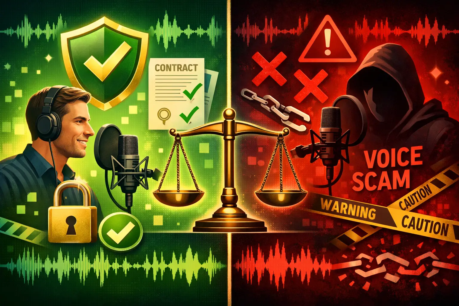 Detailed landscape format (1536x1024) conceptual split-screen composition showing protection versus vulnerability: left side displays profes