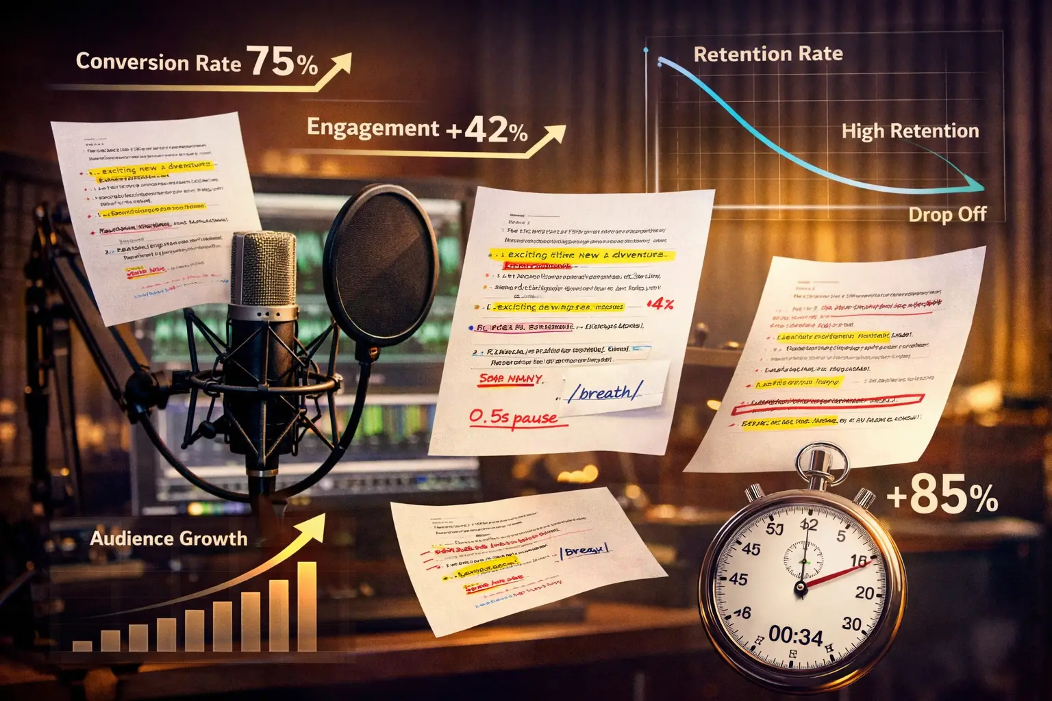 Landscape format (1536x1024) conceptual image showing voice actor's journey through script optimization: foreground displays marked-up scrip