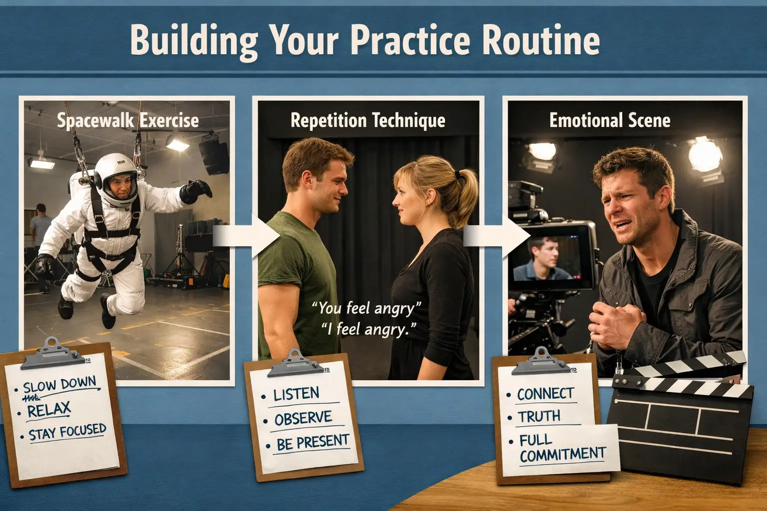 Landscape format (1536x1024) editorial image showing training progression sequence with three panels: actor doing spacewalk exercise, practi