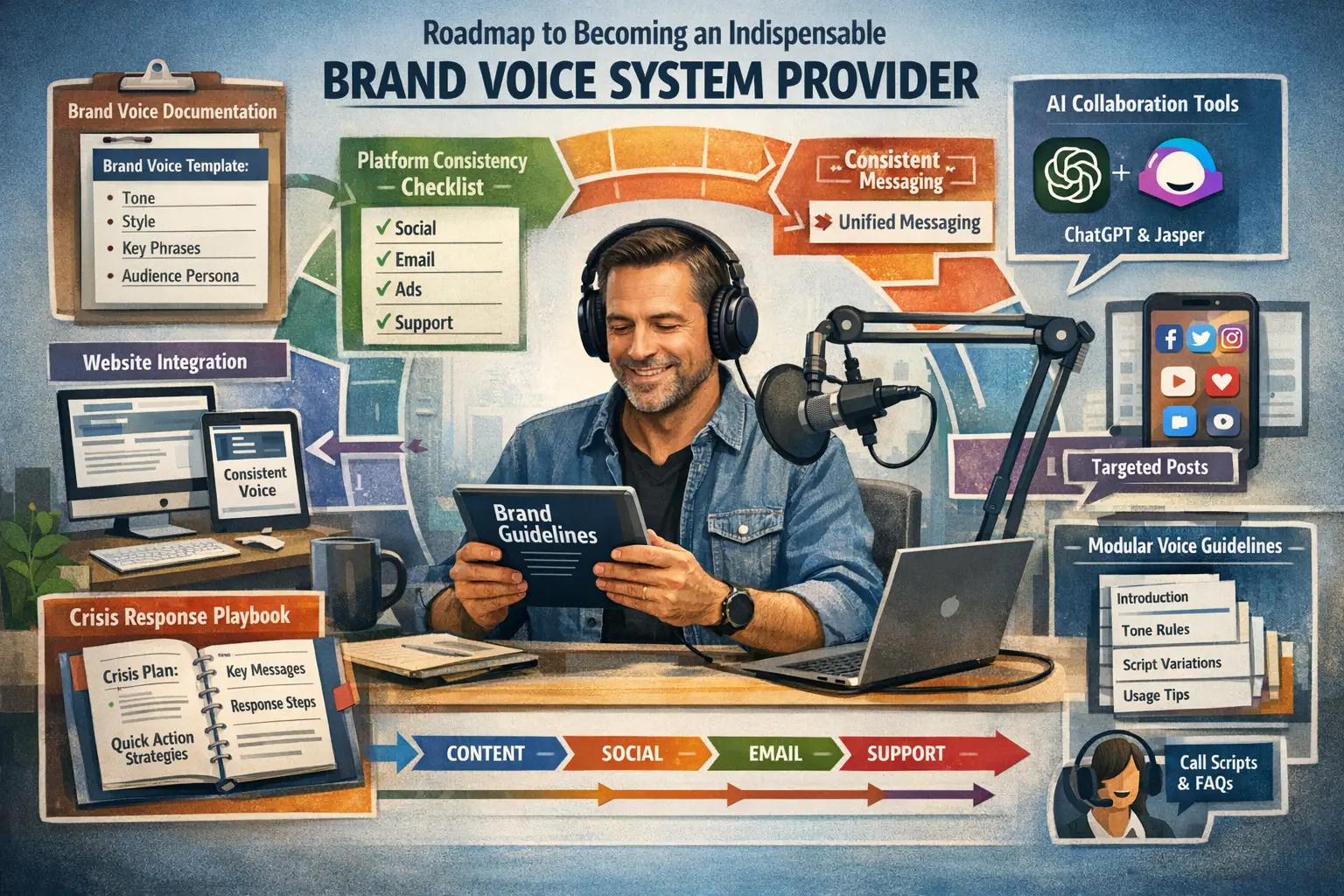 Landscape format (1536x1024) strategic action plan visualization showing voice actor's roadmap to becoming indispensable brand voice system