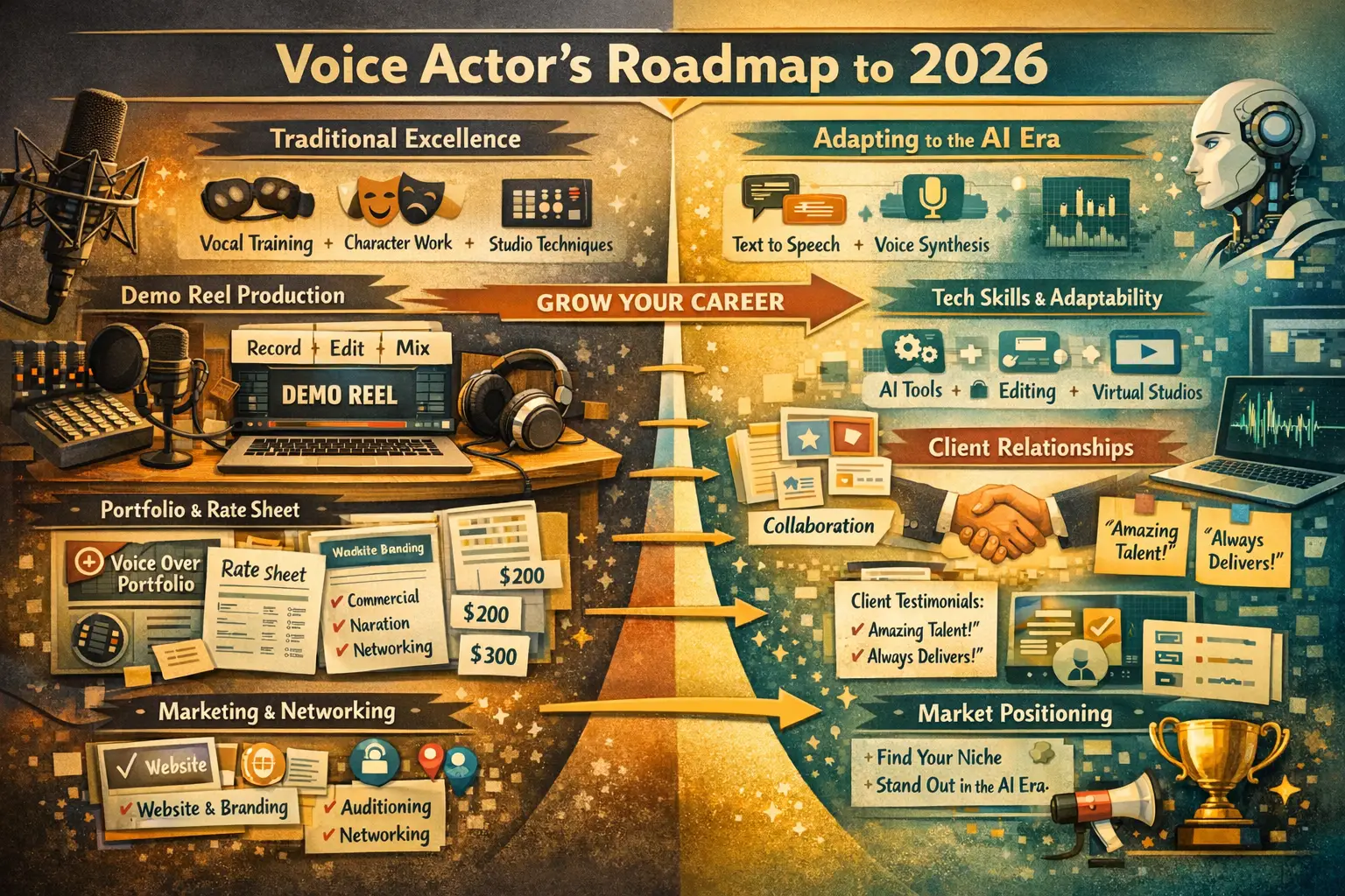 Detailed landscape format (1536x1024) image showing voice actor's professional development roadmap for 2026, featuring timeline-style progre