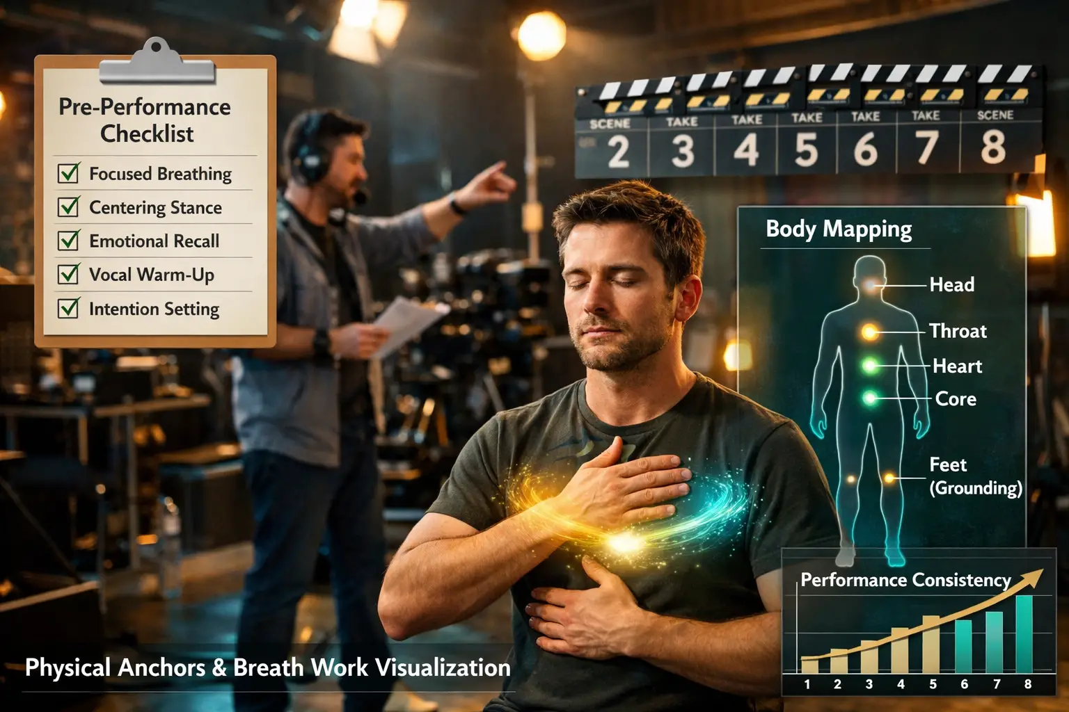 Landscape format (1536x1024) practical training scene showing actor practicing repeatable technique exercises: foreground displays actor per