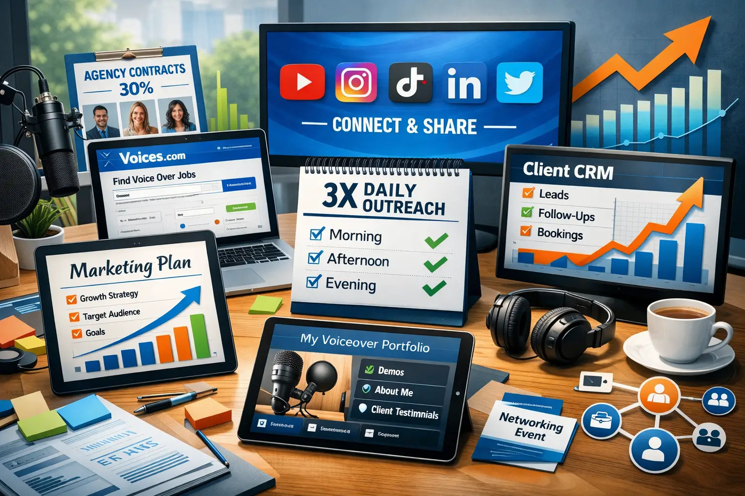 Detailed landscape format (1536x1024) marketing and business growth strategy image for voice actors. Modern workspace showing marketing plan