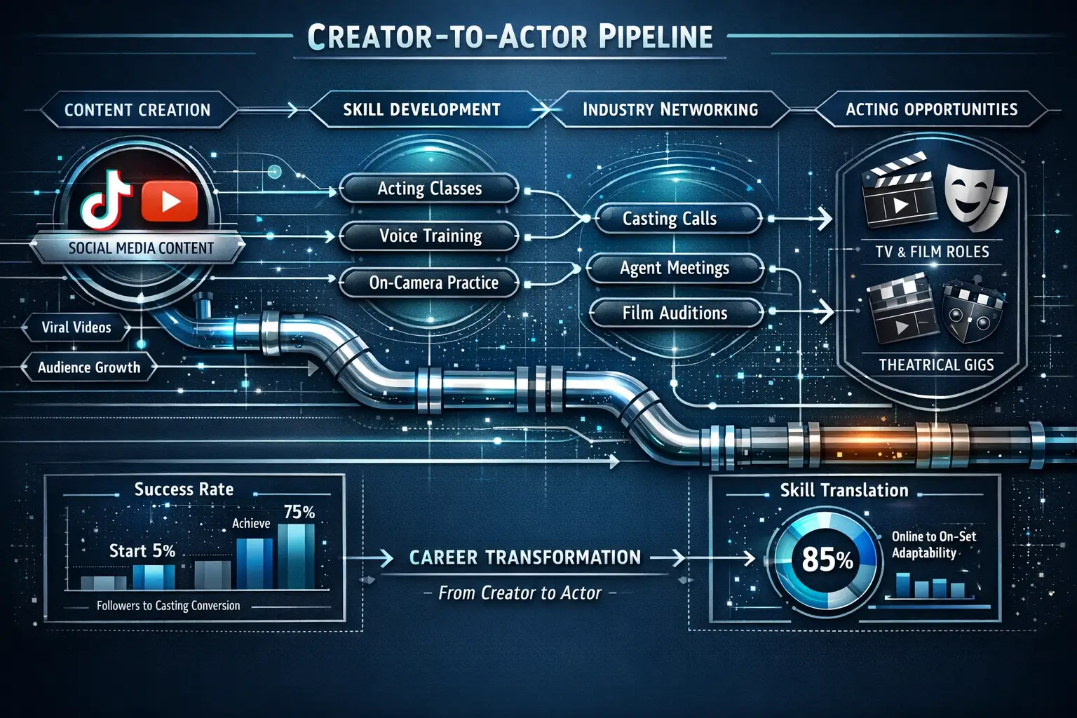 Creator-to-Actor Pipeline section conceptual diagram: Intricate flow chart/infographic illustrating step-by-step professional transformation