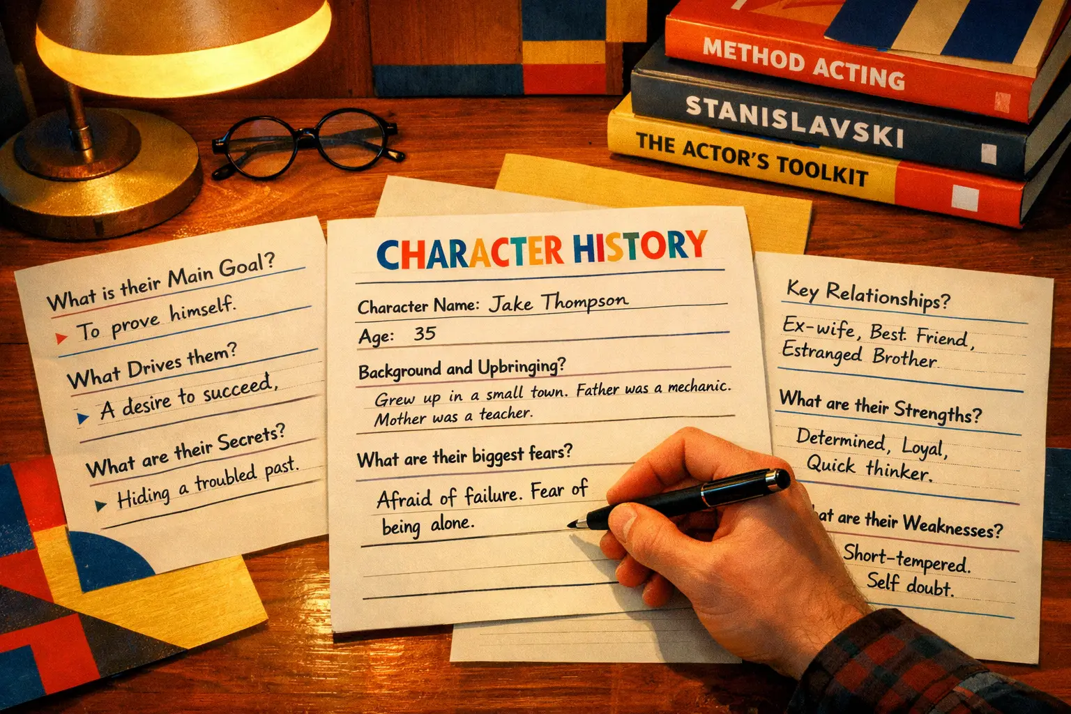 Bauhaus geometric style, primary colors, modern, Landscape format (1536x1024) image of an actor's workspace showing handwritten character hi