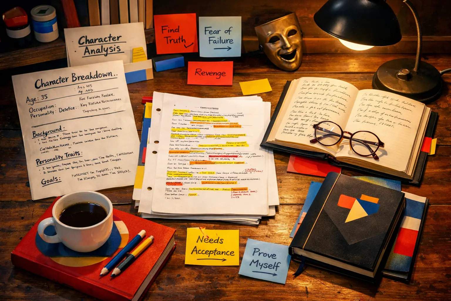 Bauhaus geometric style, primary colors, modern, Landscape format (1536x1024) image of an actor's workspace showing handwritten character an