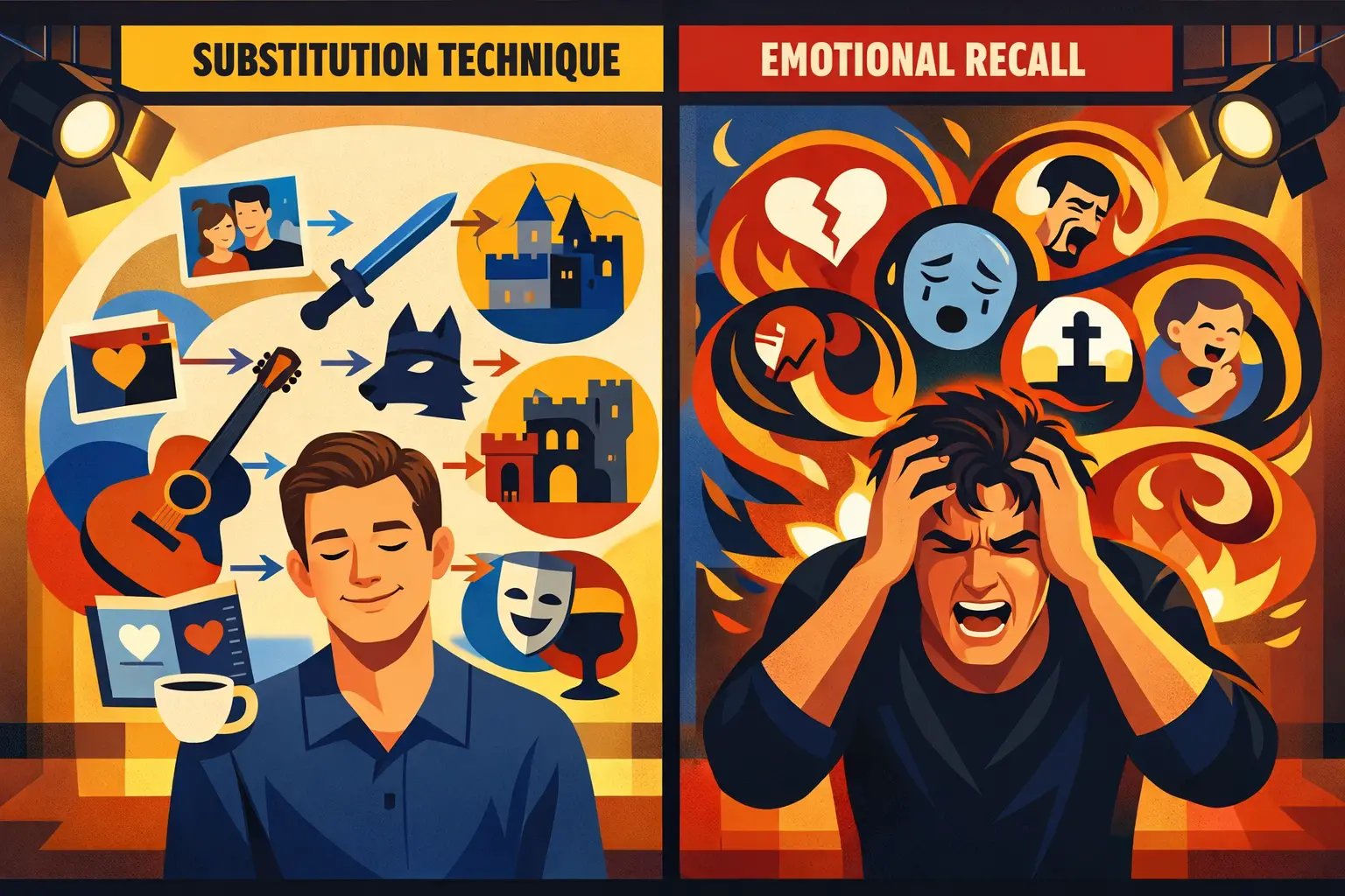 Bauhaus geometric style, primary colors, modern, Landscape format (1536x1024) detailed illustration comparing two acting approaches side by