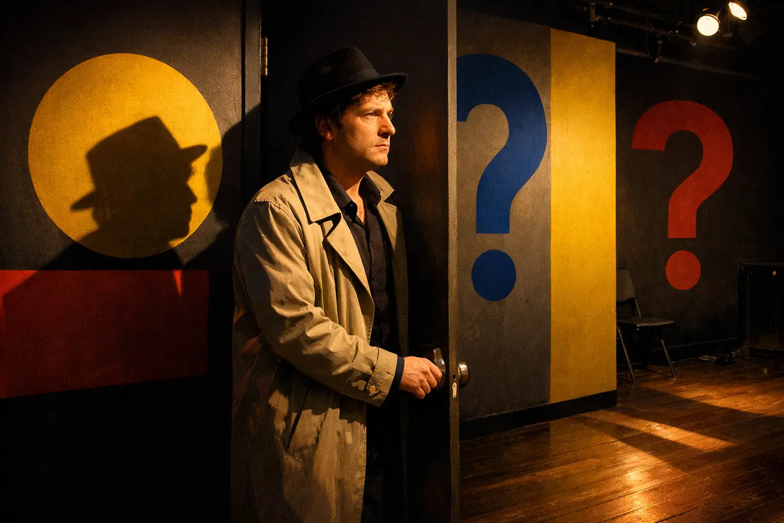Bauhaus geometric style, primary colors, modern, Landscape format (1536x1024) image showing an actor standing thoughtfully at a theater entr